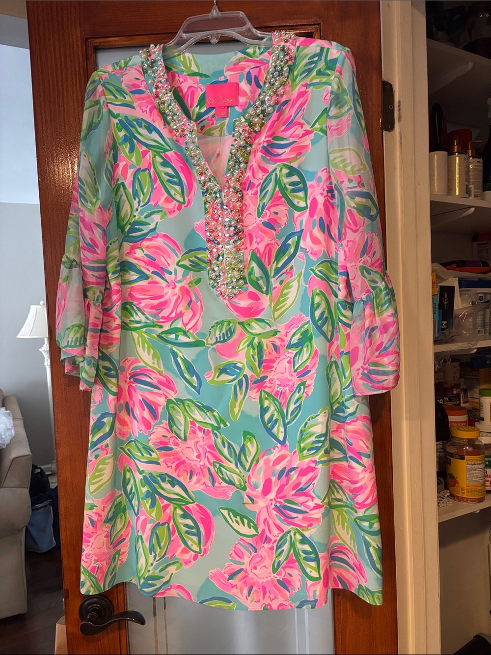 Lilly Pulitzer Pink & Aqua Beaded Floral V-Neck Tunic